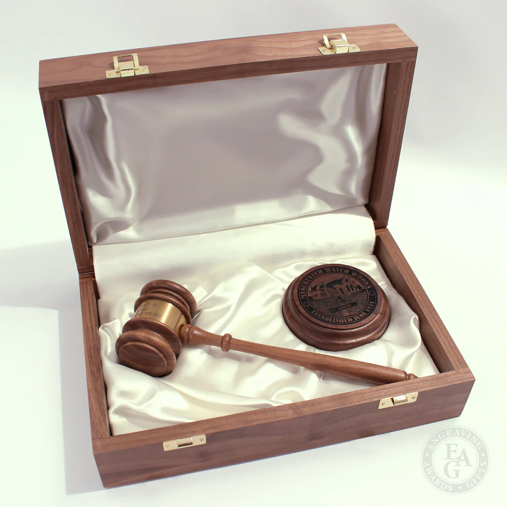 10-1/2" American Walnut Gavel, Sound Block & Case Presentation Set - Image 11