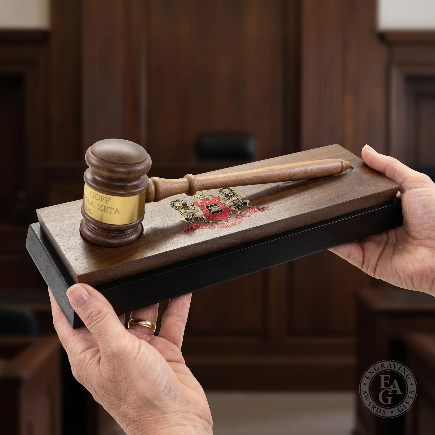 10-1/2" American Walnut Gavel with Walnut & Ebony Finish Desk Stand - Image 7